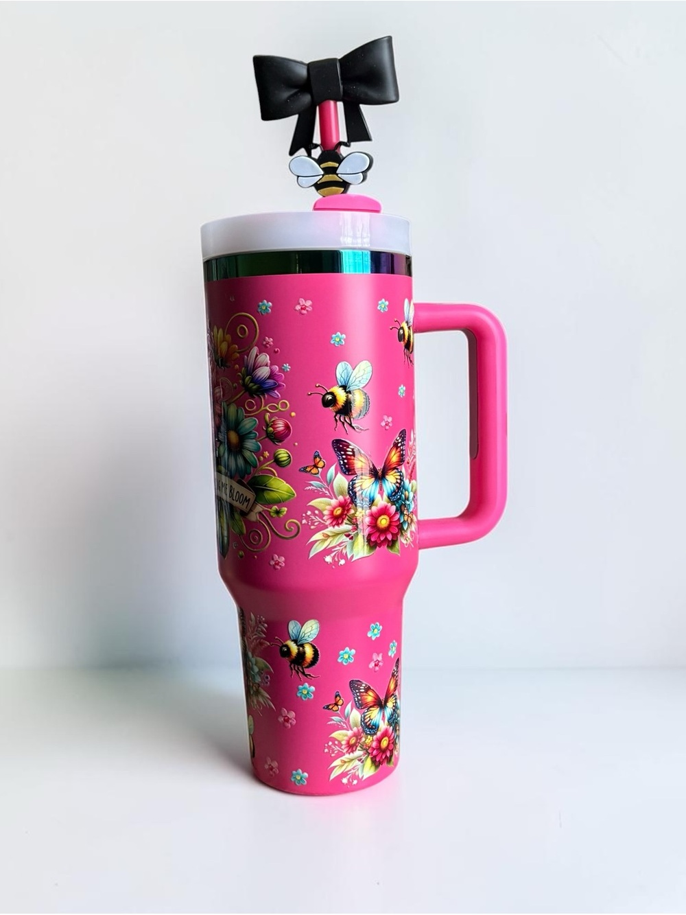 NEW 40 oz Pink Floral Bee Butterfly Tumbler with Handle & Bow - Picture 2 of 4